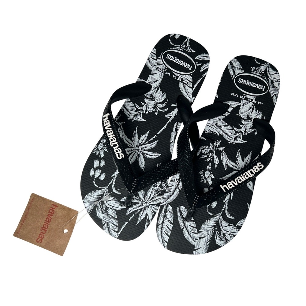 Havaianas Flip Flops Womens 6 Black White Tropical Palm Leaf NEW 4150734